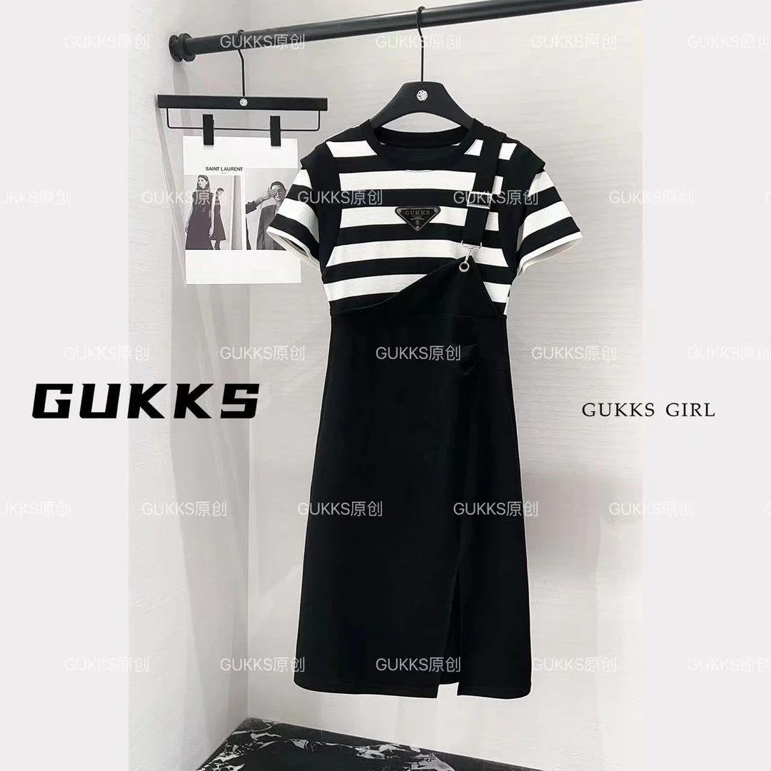 GUKKS夏季时尚背带假两件黑白条纹百搭显瘦气质连衣裙GK201
