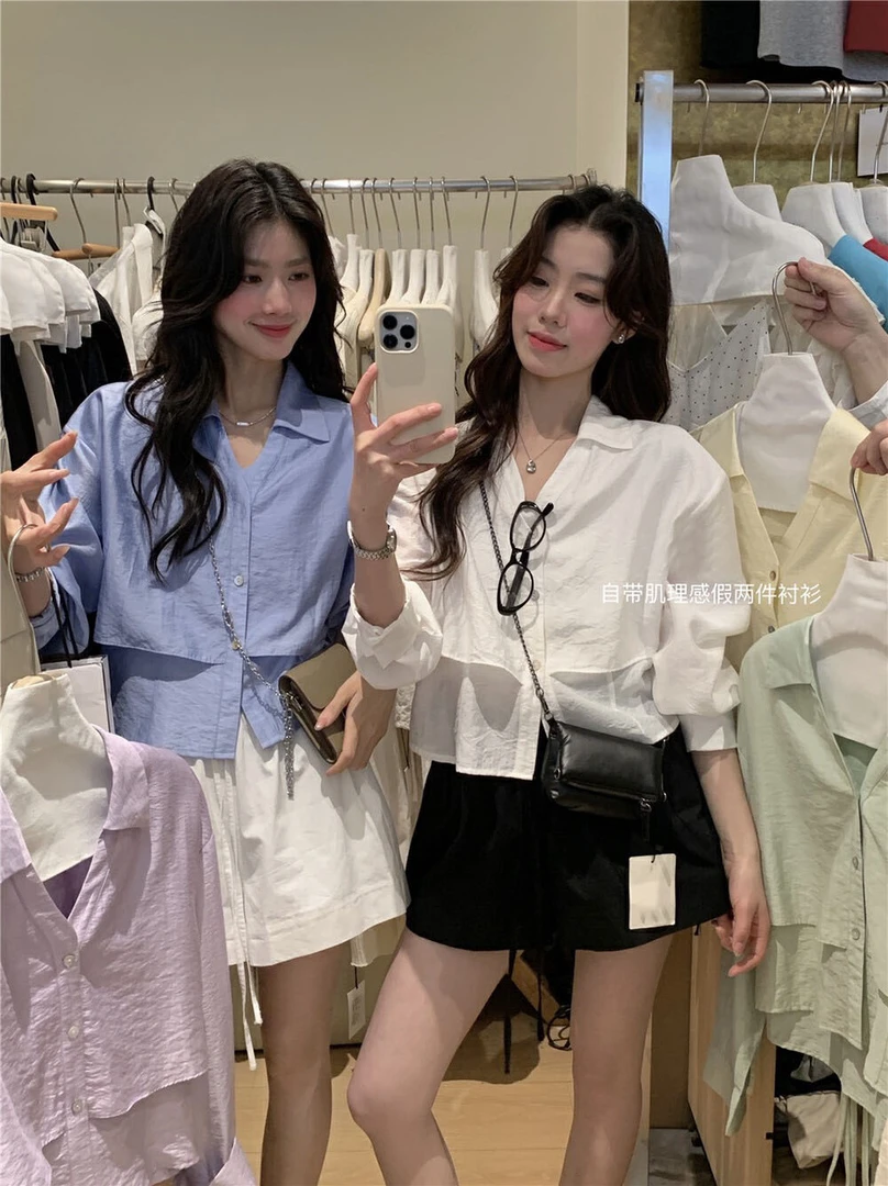 韩系温柔气质亲肤百搭简约小清新系带设计感假两件防晒衬衫上衣