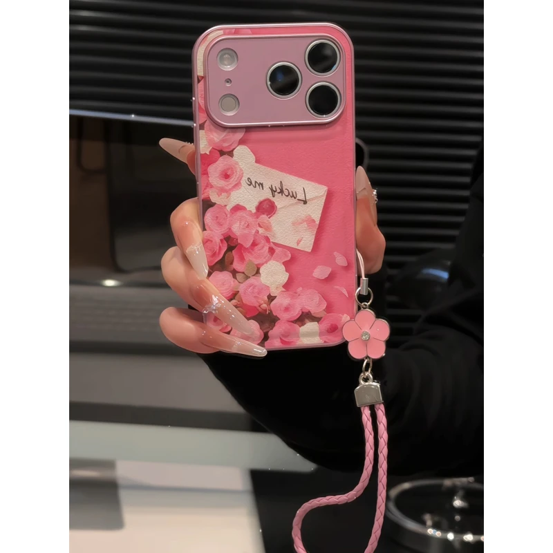 粉玫瑰书信适用苹果17p手机壳16pm华为p70金属皮纹简约防摔小米17