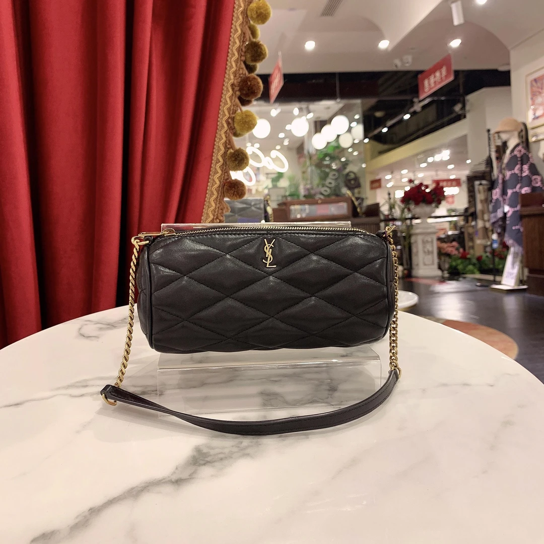 95新 YSL/圣罗兰 GGS圆筒mini黑金羊皮单肩包44031212