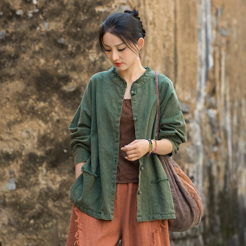 25夏棉麻女装新品苎麻炒色磨毛手工盘扣外衣休闲百搭禅意女式外套