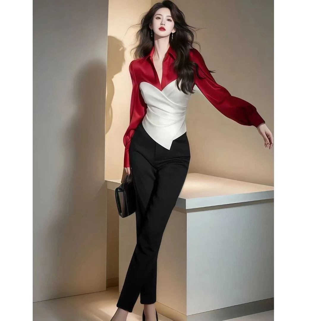 春季新款法式轻奢高级感超好看独特红白撞色衬衫配修身长裤两件套