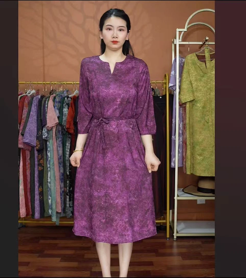 【紫烟】提花常规中国风中长裙女装裙子长裙连衣裙显瘦百搭紫色134