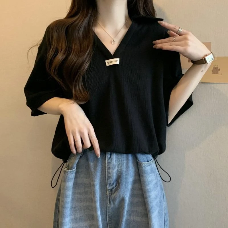 设计感正肩polo领短袖t恤女秋季大码胖妹妹上衣短款抽绳打底衫ins