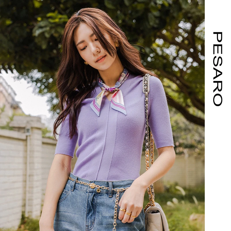 PESARO蕙玲时尚条纹女装紫色百搭V领短袖气质羊绒毛衫上衣针织衫