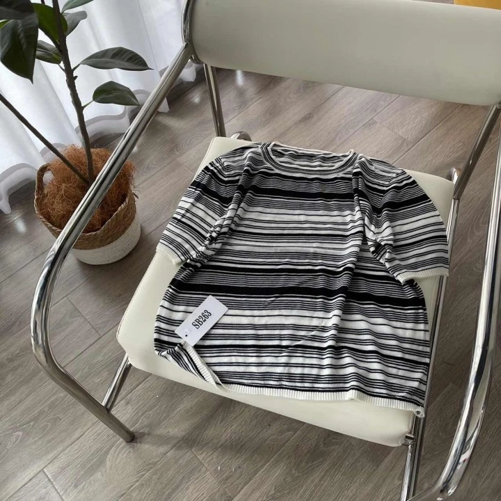 SB263夏季薄款黑白条纹圆领宽松上衣