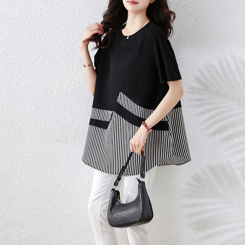 高级时尚小衫女2025夏季新款宽松大码女装设计条纹拼接中长款t恤
