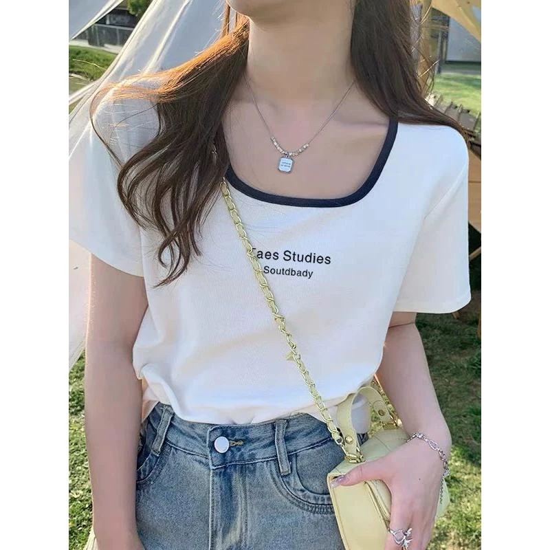 撞色方领上衣夏季2025新款独特别致设计感小众短袖正肩t恤女显瘦