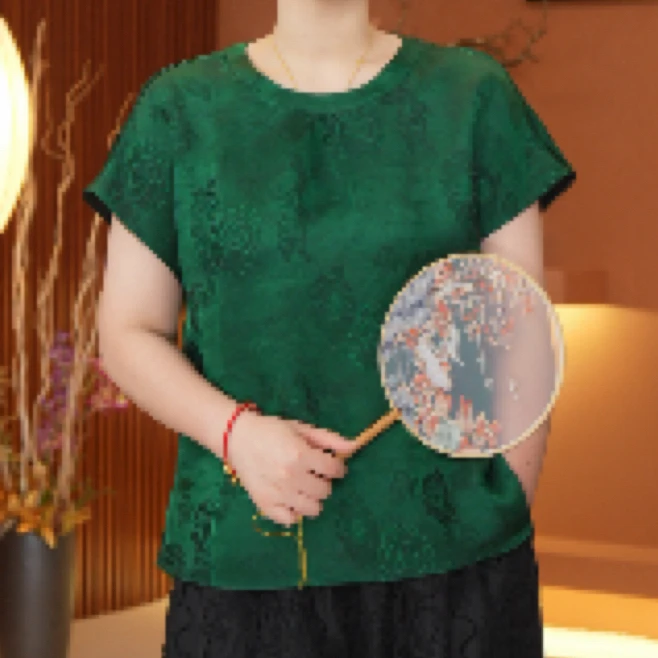 红熹潮（HXC109翡翠绿）新中式国风时尚气质宽松短袖冠圆领上衣