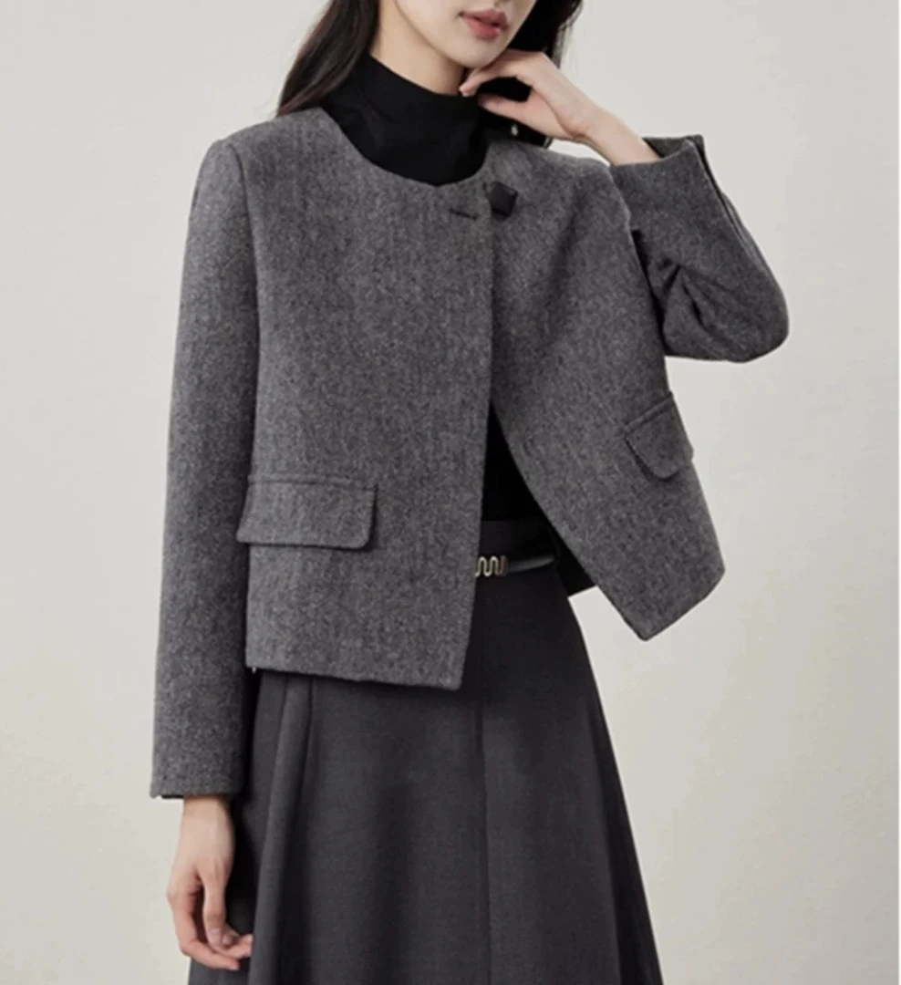 ⭐️ZH194秋冬长袖通勤短款女圆领毛呢外套韩版毛呢双面羽绒服