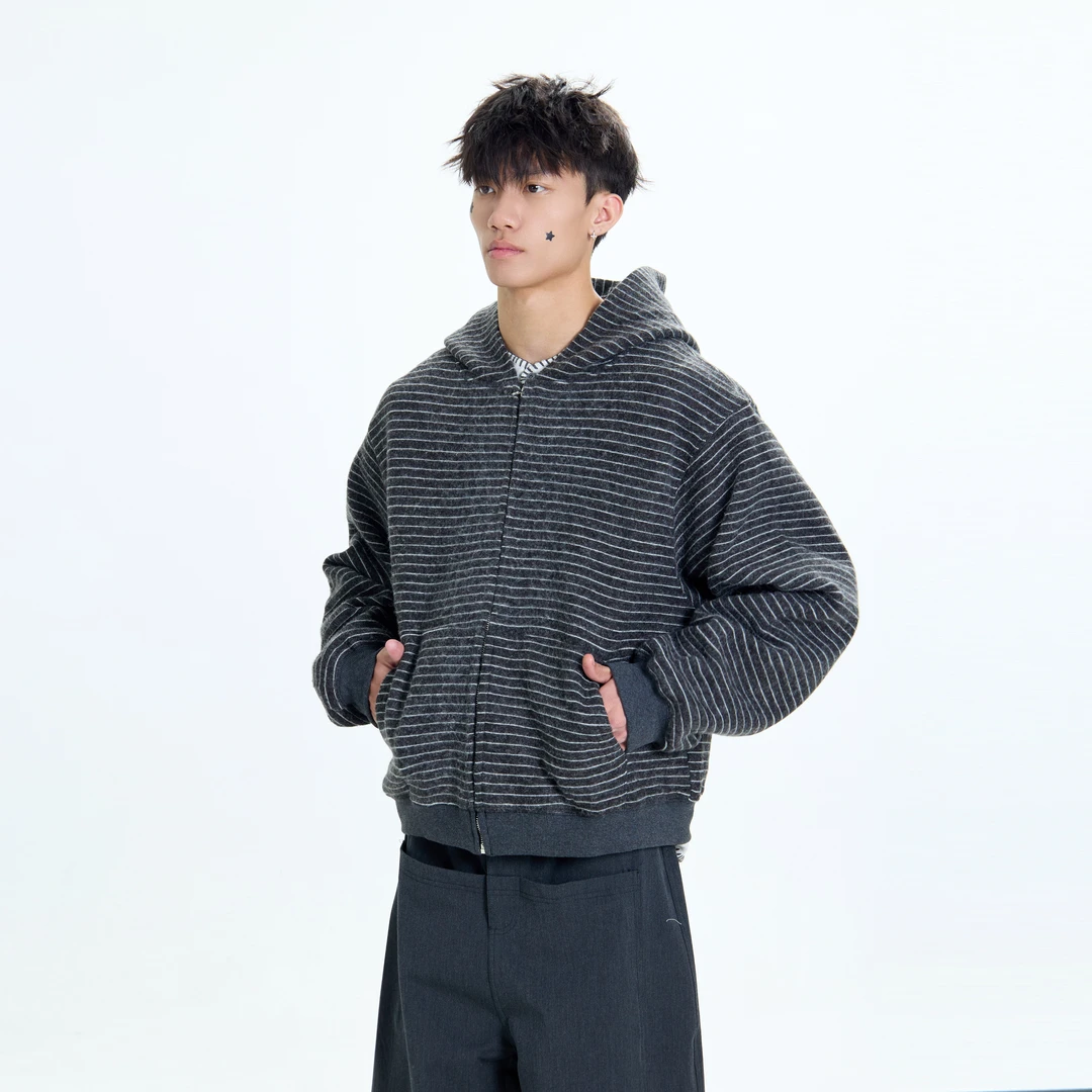 CDDR美式复古条纹绒感拉链开衫连帽卫衣cleanfit宽松百搭情侣外套