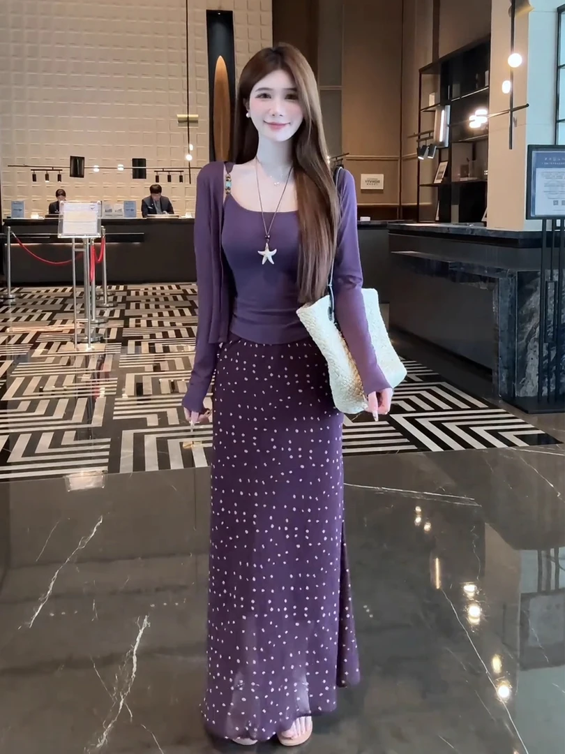 早秋江浙沪千金穿搭轻奢高级感女人味茶里茶气紫色吊带半身裙套装