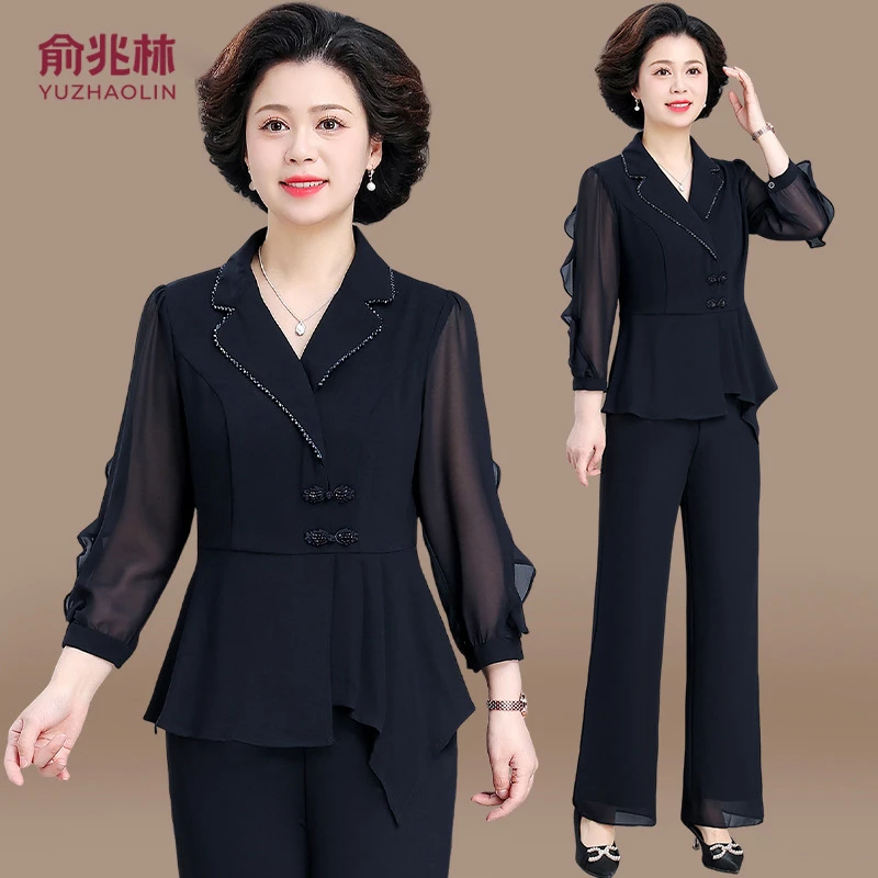 品牌妈妈春装套装2025新款中老年夏季雪纺衬衫阔太太七分袖上衣女