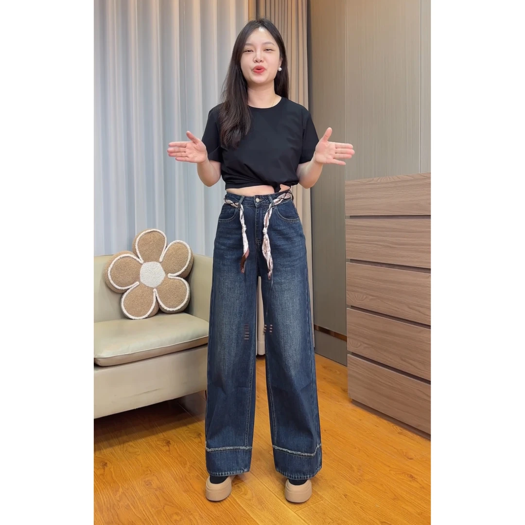 御妍婷8081新款直筒牛仔裤显瘦中腰窄版阔腿裤女时尚百搭秋冬长裤