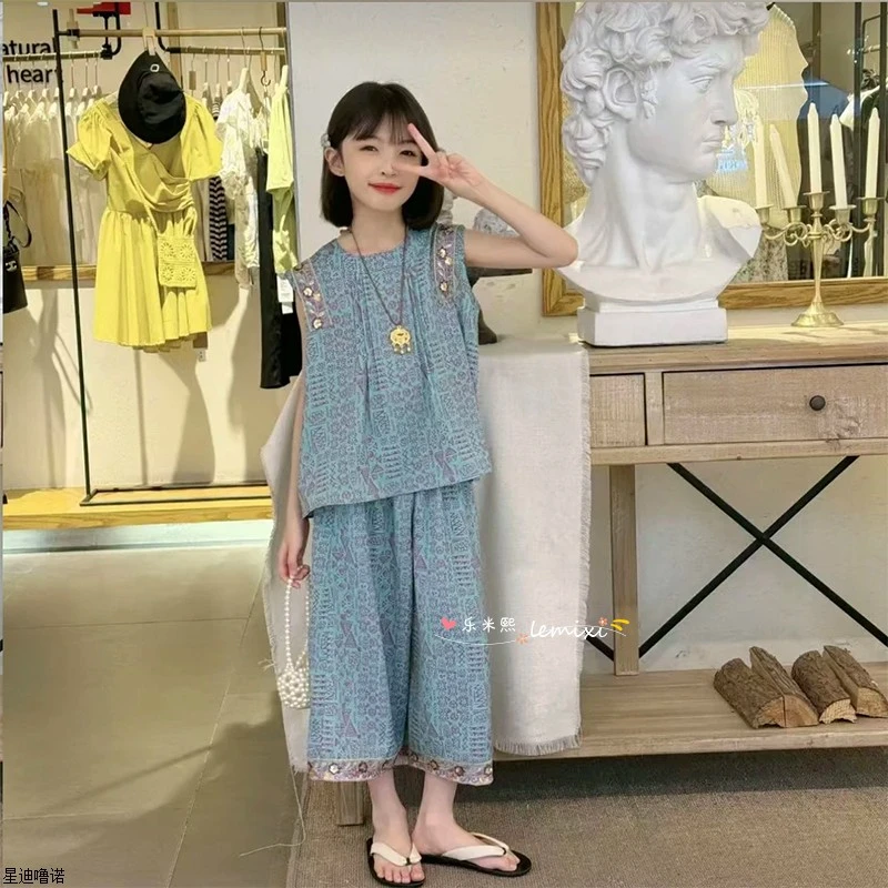 女童碎花无袖阔腿裤三件套2025新款夏季娃娃衫7分防蚊裤薄民族风9