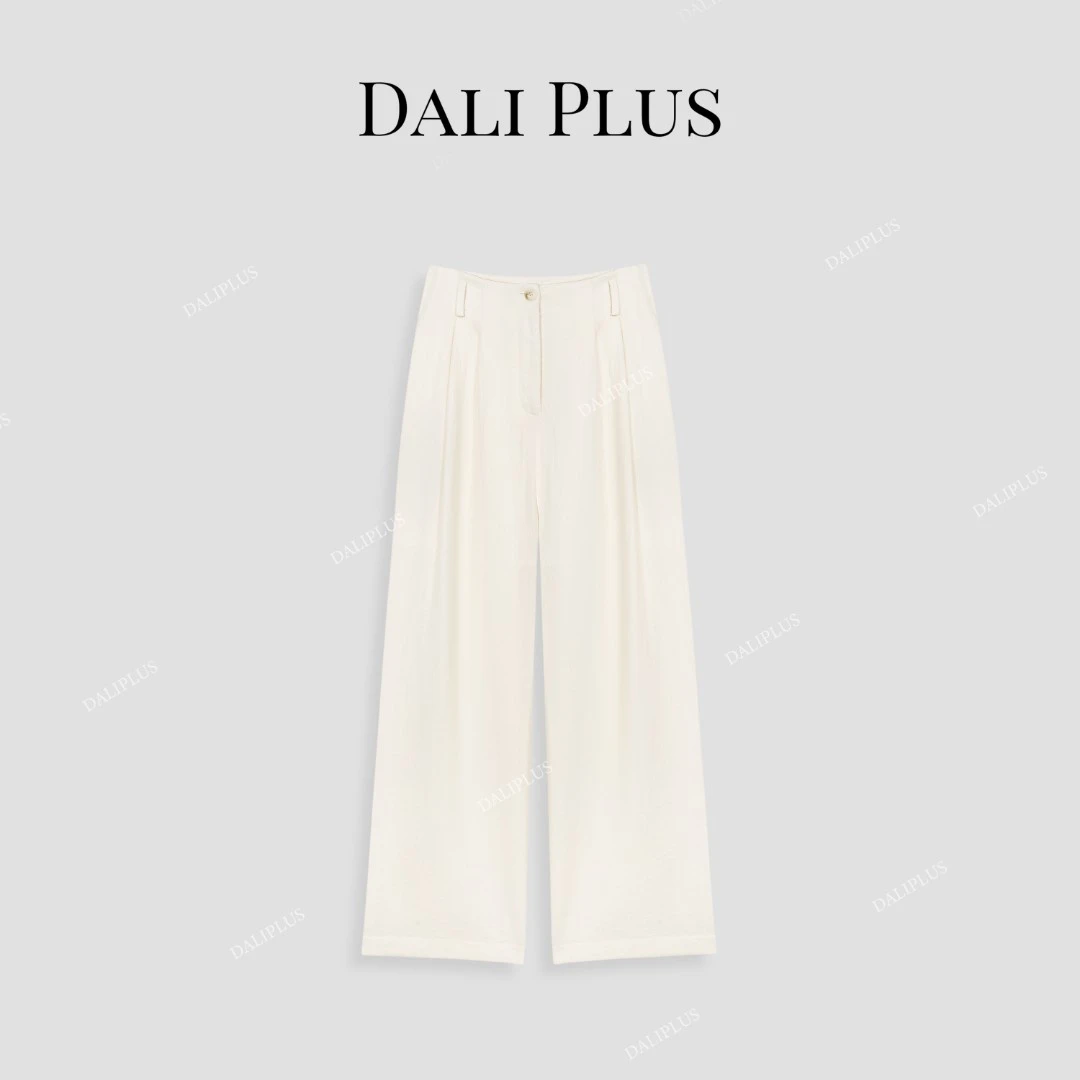 DALI PLUS天丝亚麻设计感遮肉奶白色休闲直筒长裤-D5CH4022-1