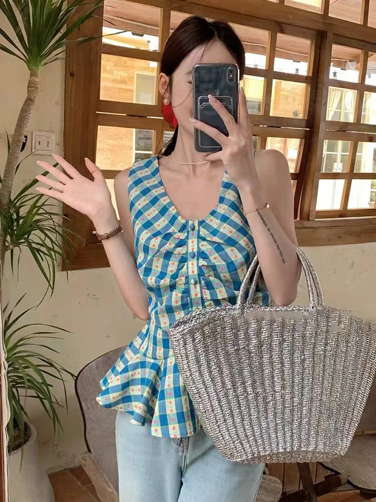 韩系v领格子背心无袖衬衫上衣减龄洋气裙摆褶皱小衫