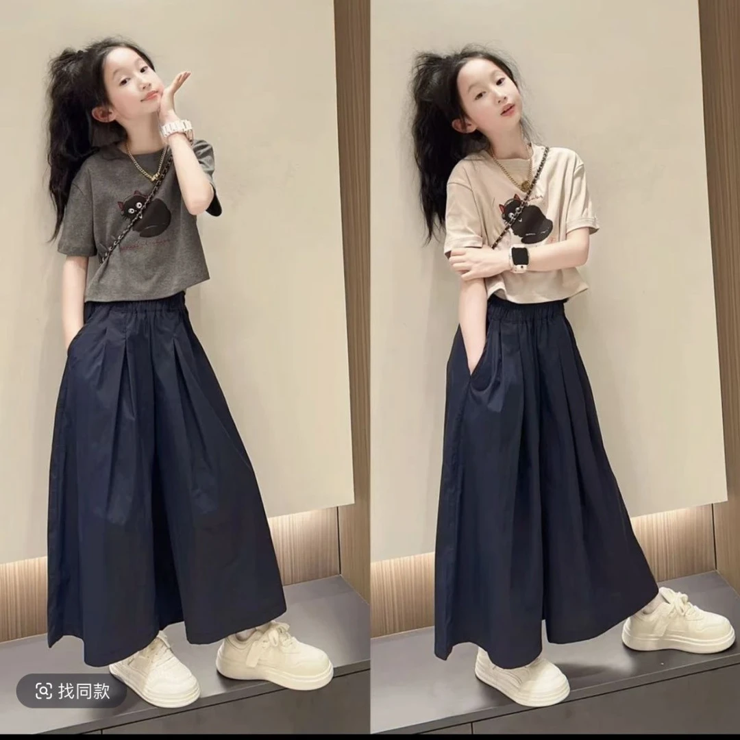 女童夏季猫咪t恤棉布裙裤套装2025新款中大童装短袖阔腿裤两件套