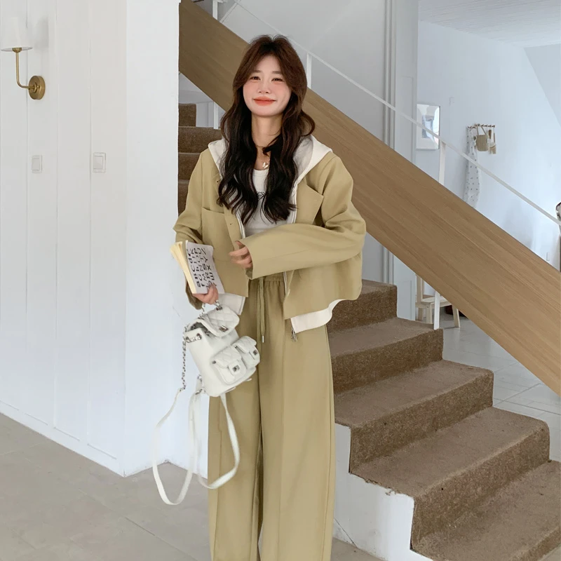 松弛感韩系套装裤女2025早春新款显瘦假两件连帽外套阔腿裤两件套