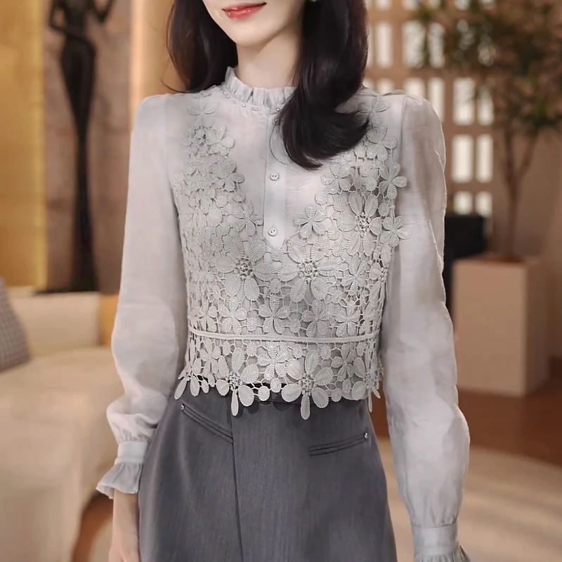 复古风假两件蕾丝钩花长袖衬衫女2025春秋新款小众气质减龄上衣