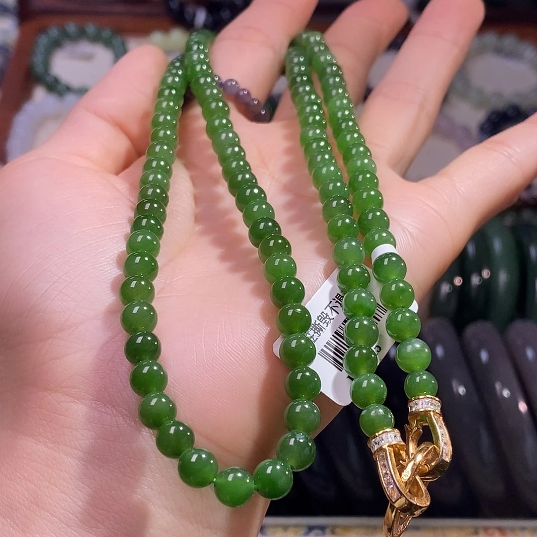 颈饰未镶嵌和田玉碧玉老坑料6mm珠链