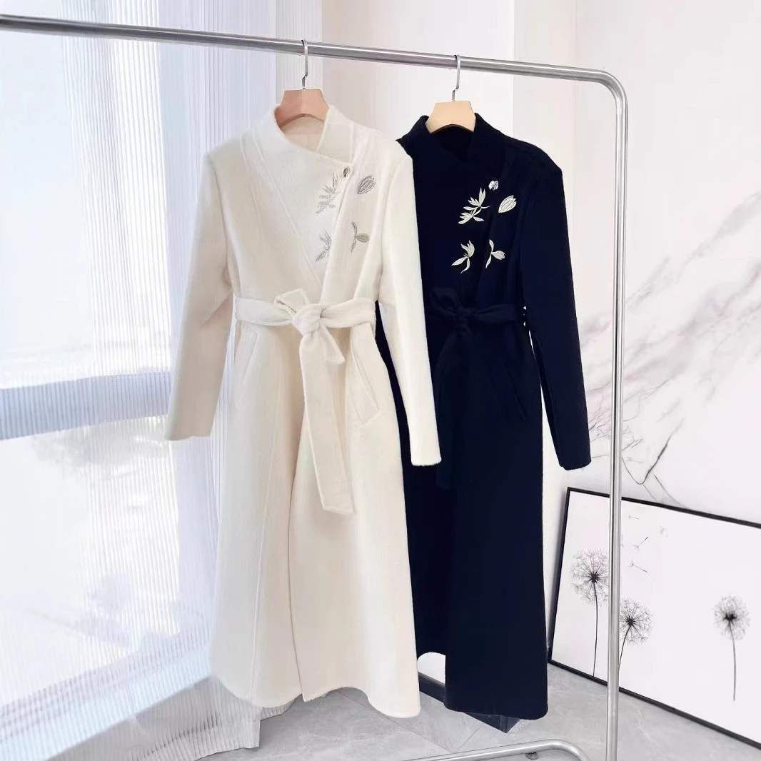 国风立领新中式刺绣双面羊毛大衣女秋冬长款显瘦中国风女装88628