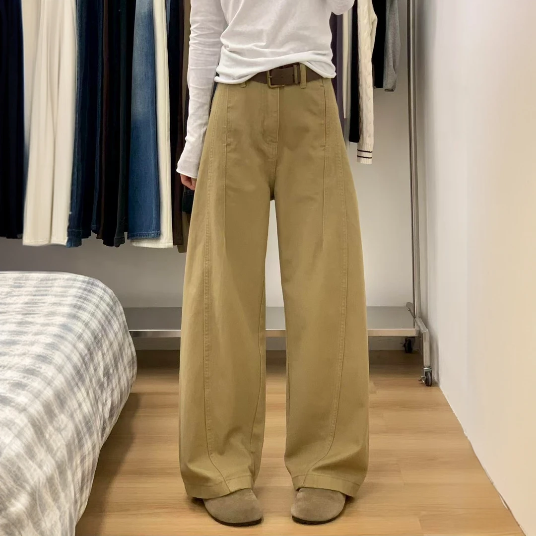 卡其色弯刀阔腿牛仔裤女爆款2025新款高腰显瘦宽松垂感拖地裤子