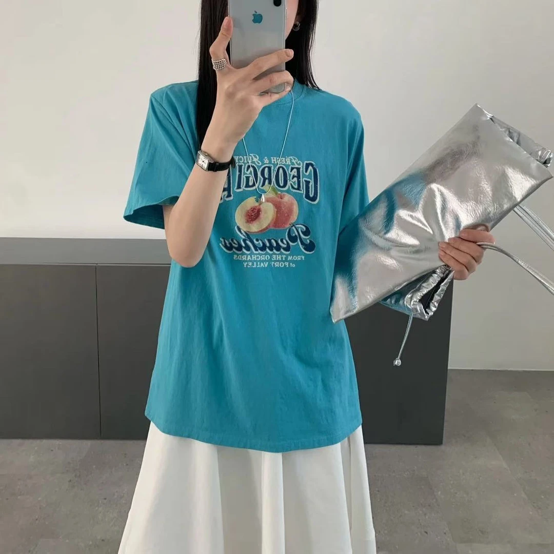 【桃核】韩版慵懒宽松桃子图案短袖休闲百搭T恤女