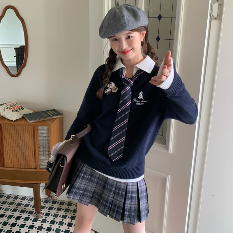 东京岁时记jk秋冬新款假两件撞色翻领毛衣藏青色小个子套头针织衫