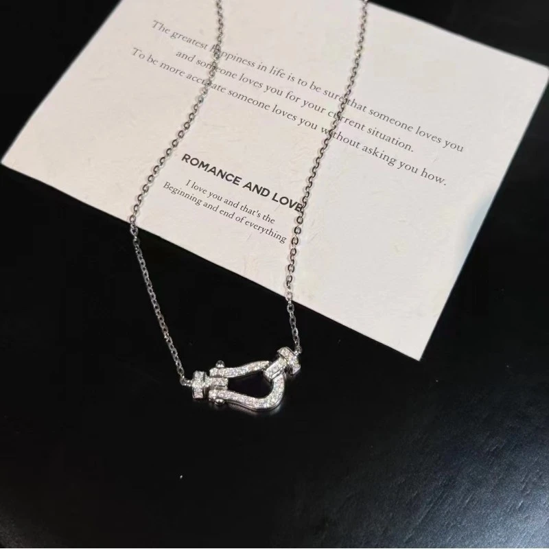 坠链均925银 韩版小众设计轻奢满钻马蹄扣项链