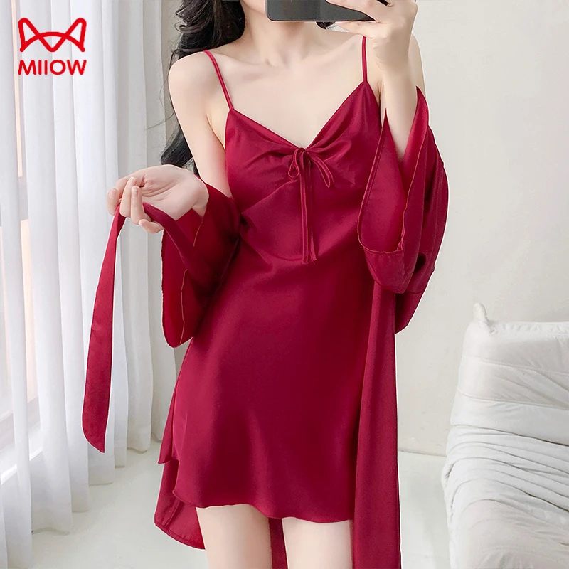 MiiOW/猫人【冰雪丝2508】夏季性感带胸垫睡裙睡袍家居服睡衣女套装