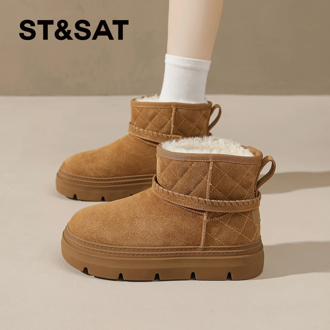 星期六加绒加厚雪地靴女2025冬季新款保暖毛毛棉靴复古厚底棉鞋女