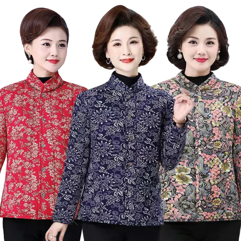 女棉衣民族风秋冬碎花棉袄小立领妈妈装中老年加厚保暖仿驼绒冬季