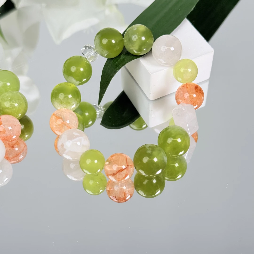 【青提奶盖】岫玉白幽灵胶花手串14mm面小仙多样性发其一