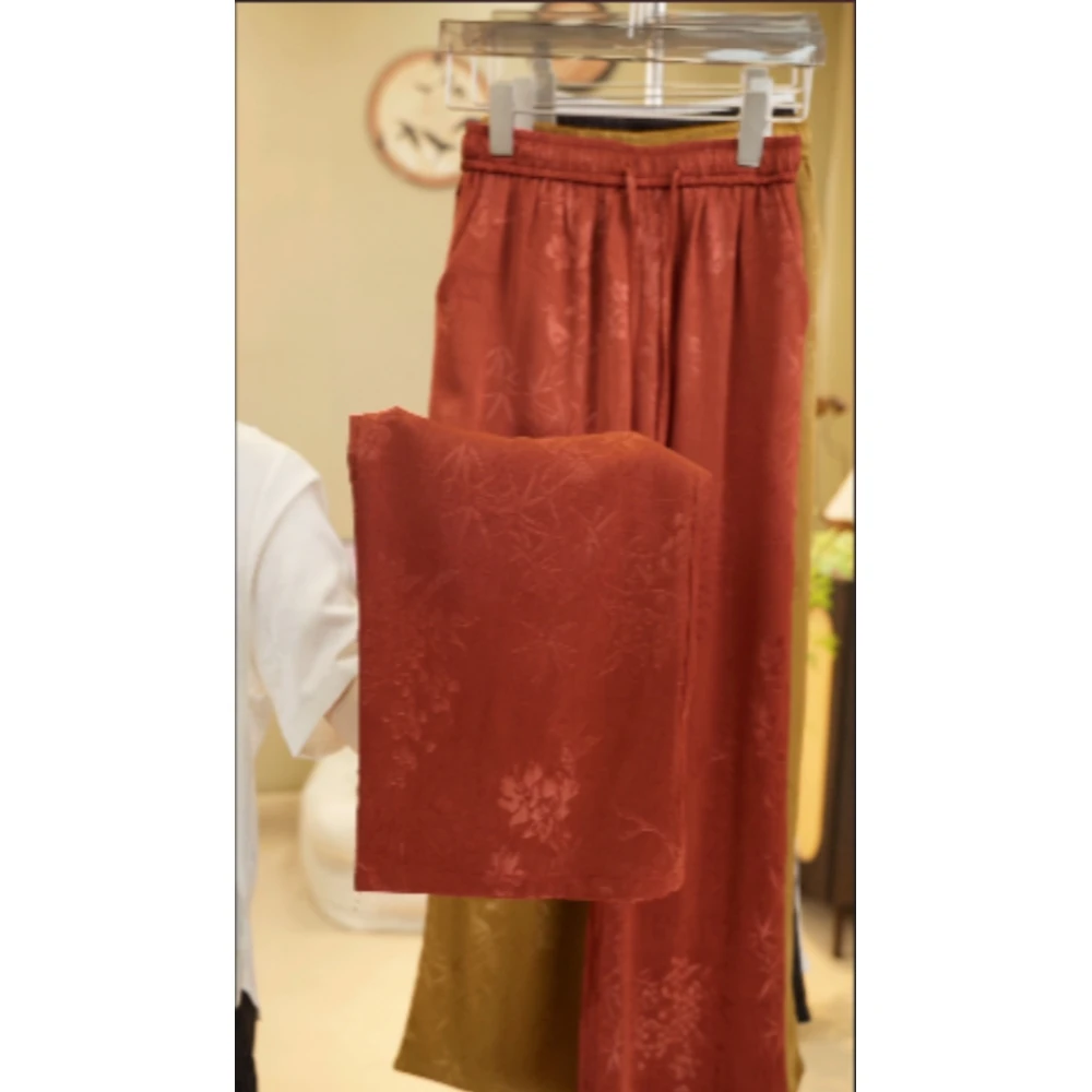 2025春夏季新款简约百搭时尚枫叶爆竹国风新中式直筒裤