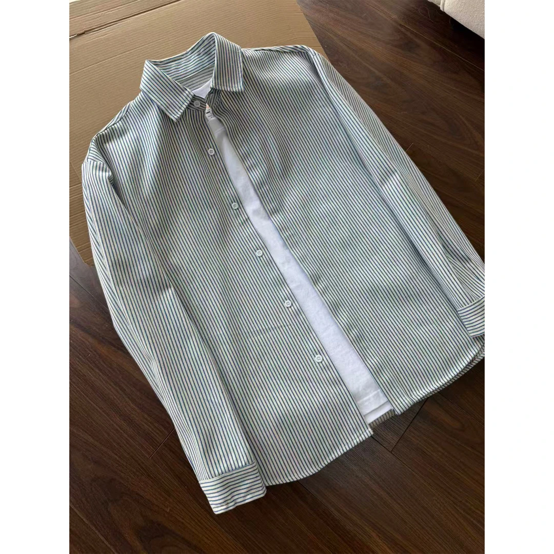 日系复古条纹长袖衬衫男女秋季内搭高级感衬衣宽松慵懒风休闲外套