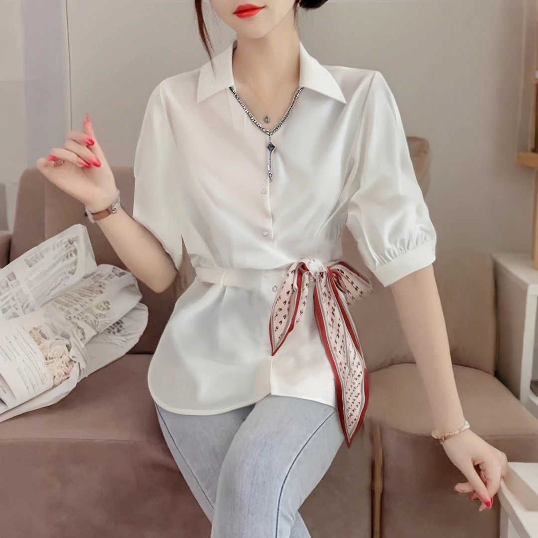 A复古高级感收腰衬衫女2025夏季韩版法式遮肉显瘦上衣洋气D0763