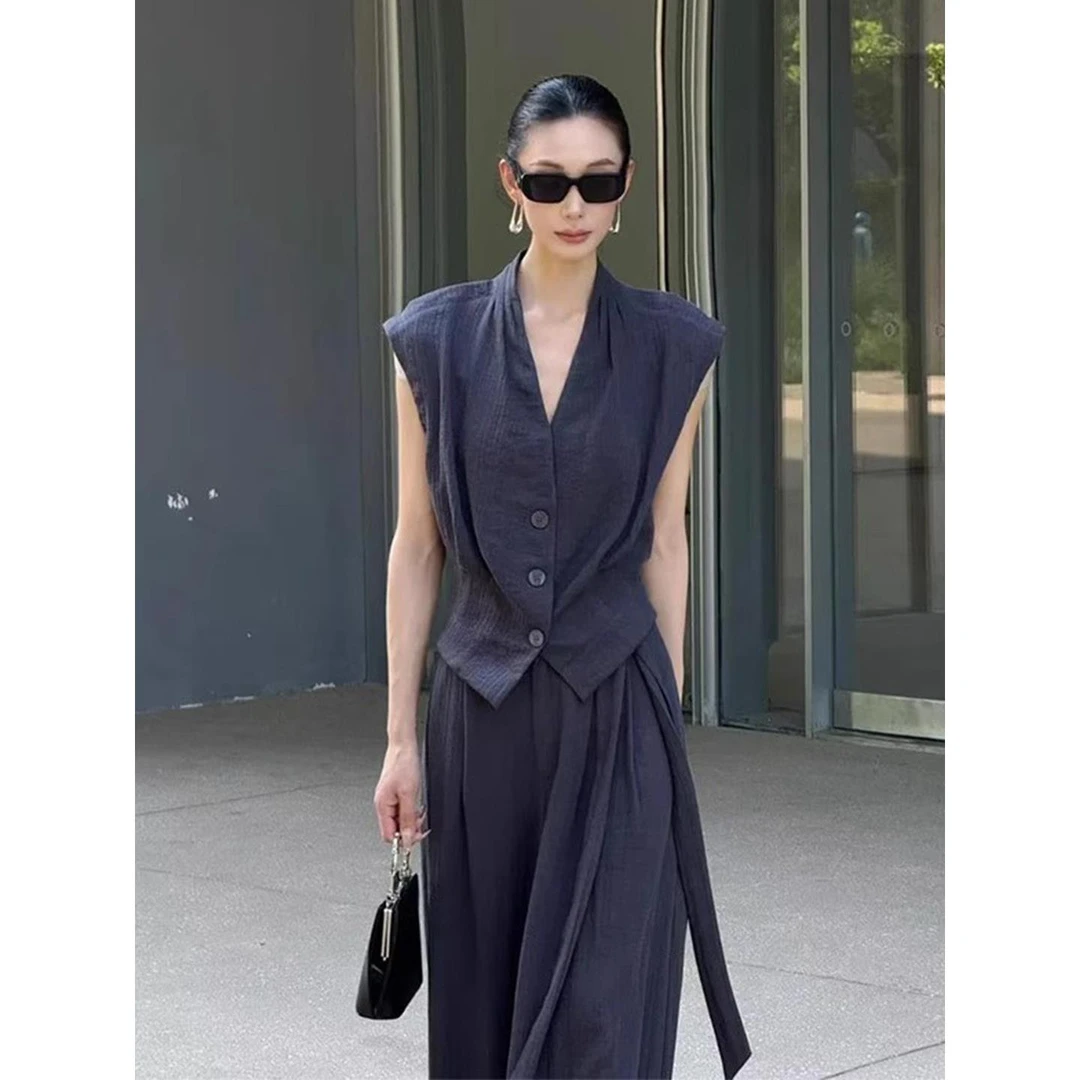 夏季女装2025新款棉麻高级感气质老钱风亚麻无袖上衣阔腿裤子套装