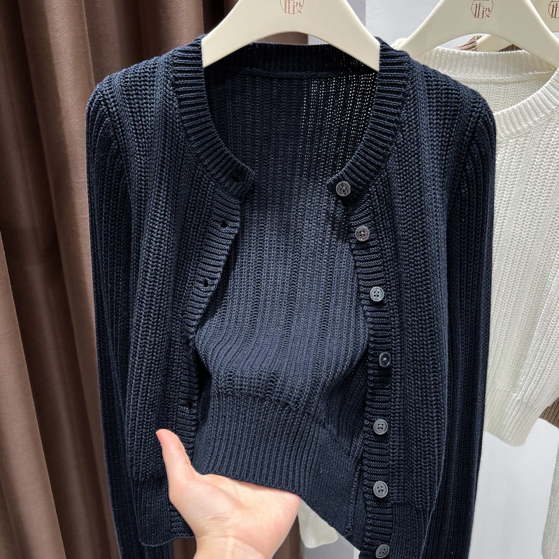 蓝色针织开衫外搭高级感配裙子短款毛衣外套女长袖披肩小圆领上衣