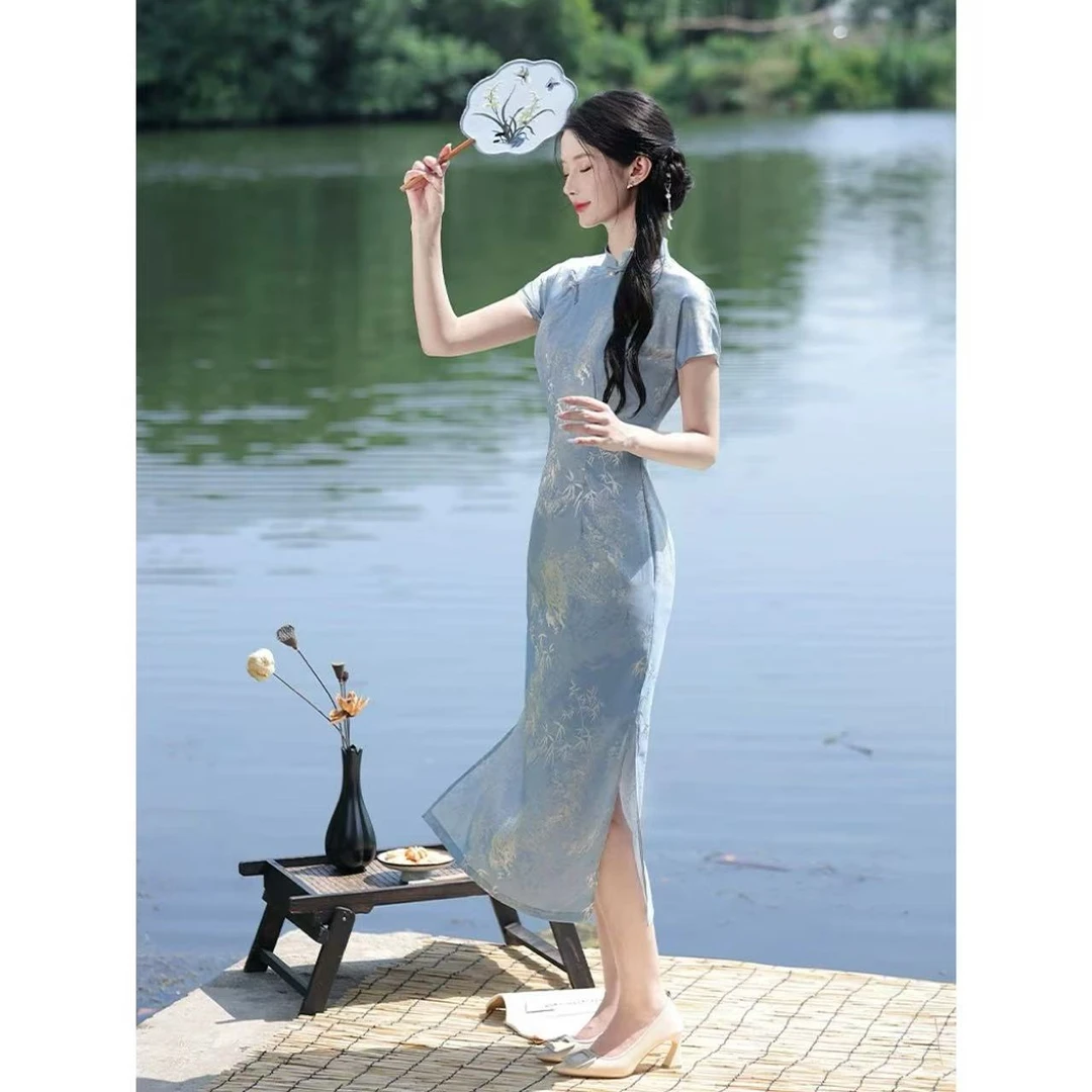【C51】新中式旗袍夏季新款蓝色提花复古国风气质优雅女