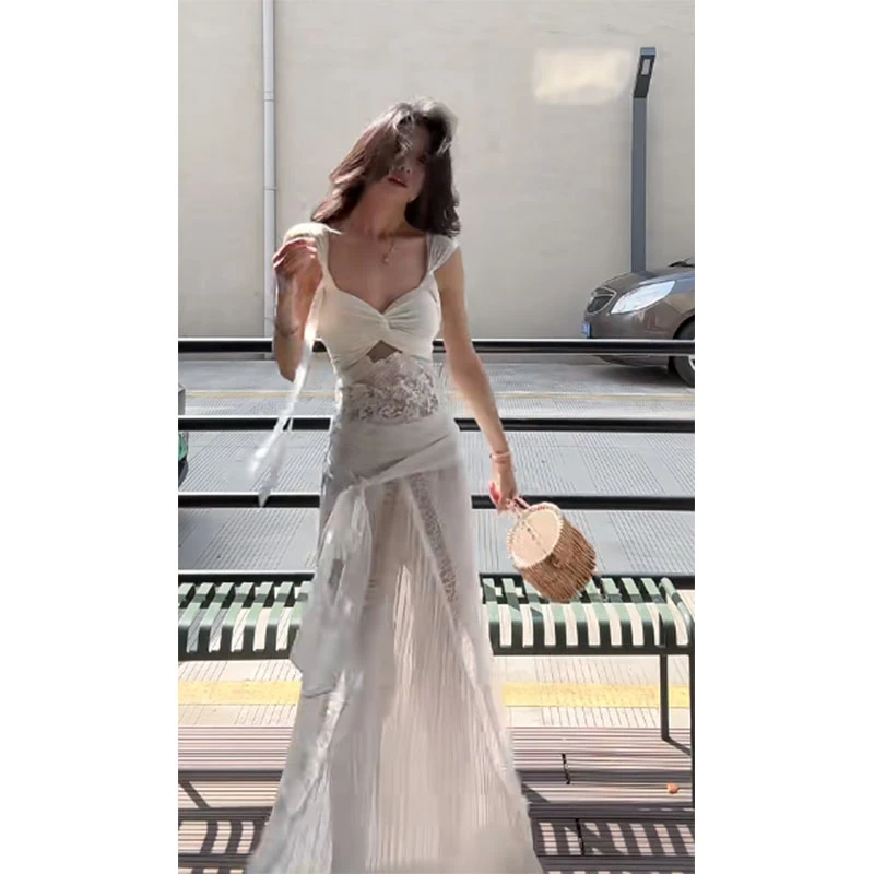 重工胸衣吊带蕾丝百褶长裙套装女夏季新款纯欲辣妹御姐露肩两件套