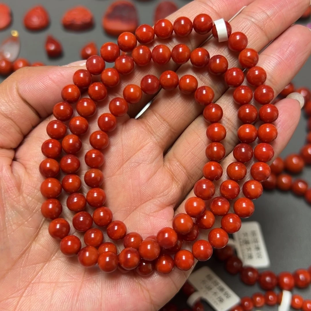 南红玛瑙未镶嵌手串 玫锦双色多圈 约6.5mm 油润