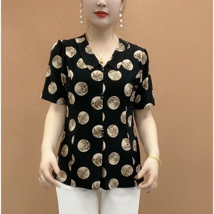 夏季新款五粒扣立领七分袖修身舒适妈妈小衫