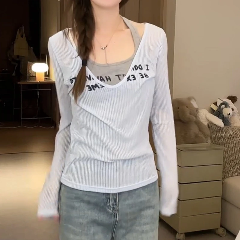 2025新款春季挂脖背心两件套T恤女镂空防晒罩两件套LK2502516