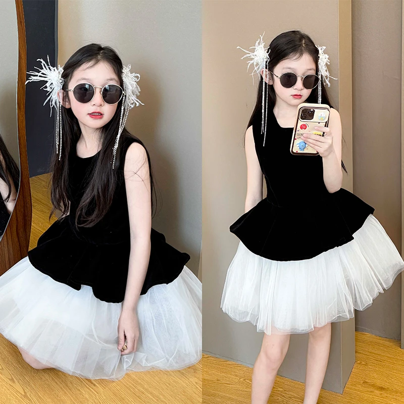 女童短袖拼接连衣裙2025新款公主风洋气网红爆款小公主蓬蓬裙