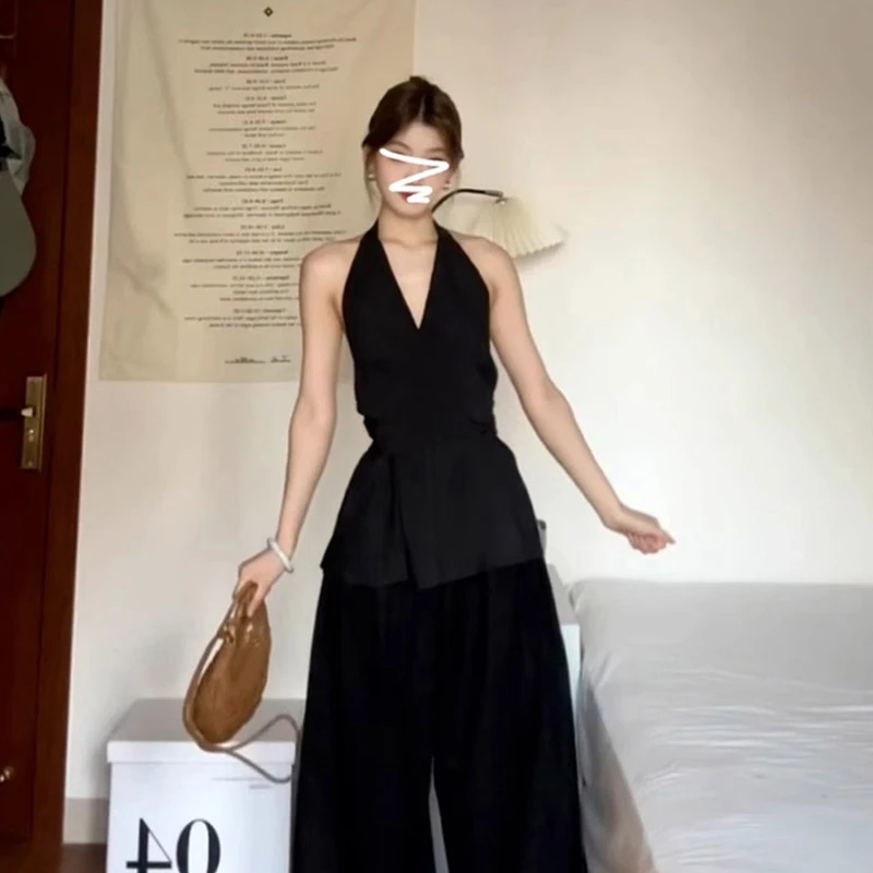 2025新款黑色v领挂脖无袖衬衫女夏季高级感显瘦收腰系带露睡衣女