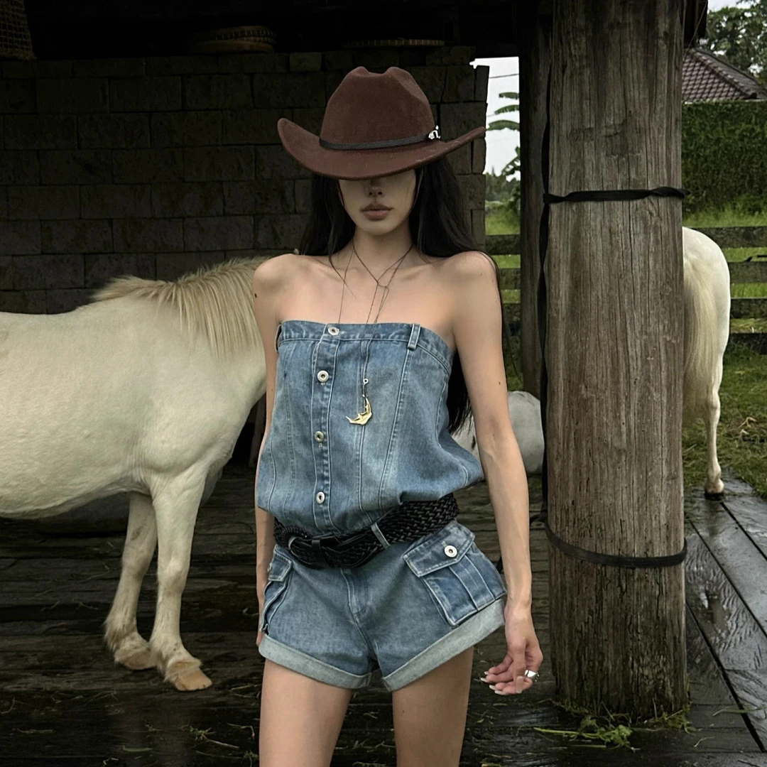 美式辣妹穿搭女2025夏季新款设计感蓝色牛仔连体裤时尚复古短裤