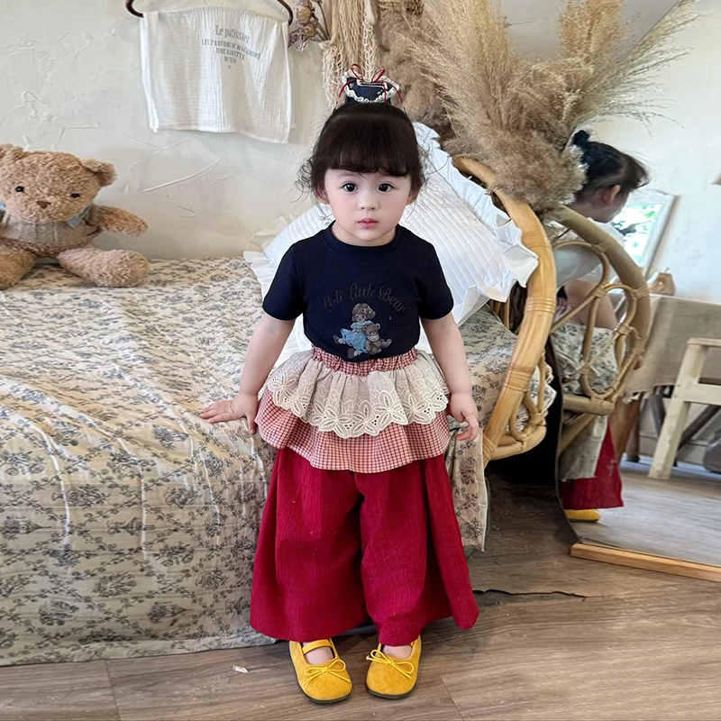 壹妈可爱超萌儿童衣服2025夏季新款洋气卡通短袖T灰色阔腿裤套装