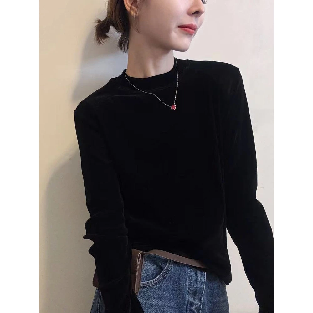 黑色丝绒打底衫2025秋季新款时尚百搭洋气减龄修身显瘦内搭t恤潮