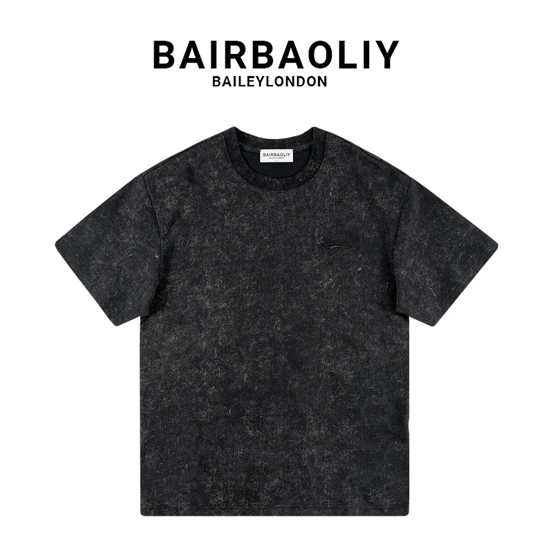 BAIRBAOLIY扎染氛围感刺绣胸标复古短袖T恤修身版男装时尚潮牌